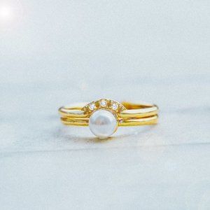 Gold Vermeil Double Layered Pearl Ring CZ Ring for Her Dainty Ring  for Her